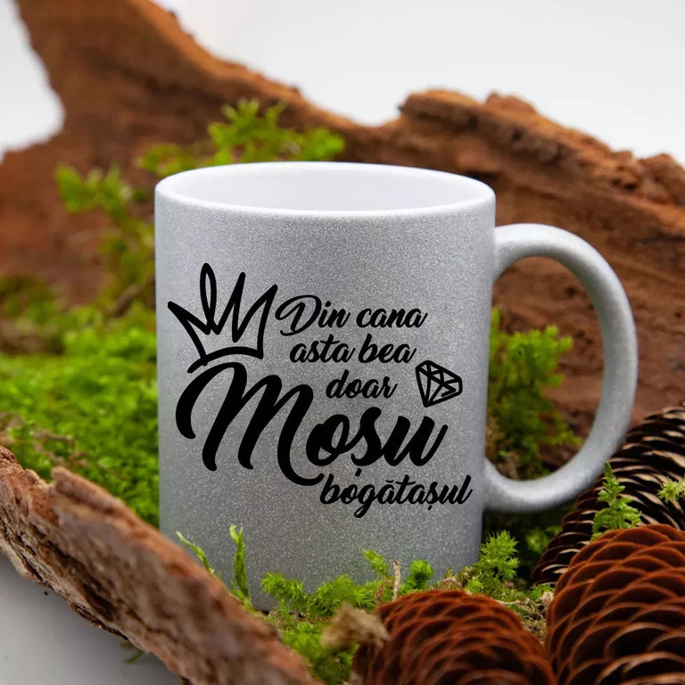 Cana GLITTER cu sclipici personalizata - Mosu bogatasul