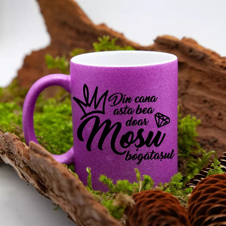 Cana GLITTER cu sclipici personalizata - Mosu bogatasul