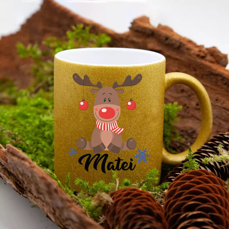 Cana GLITTER cu sclipici personalizata cu nume - Ren