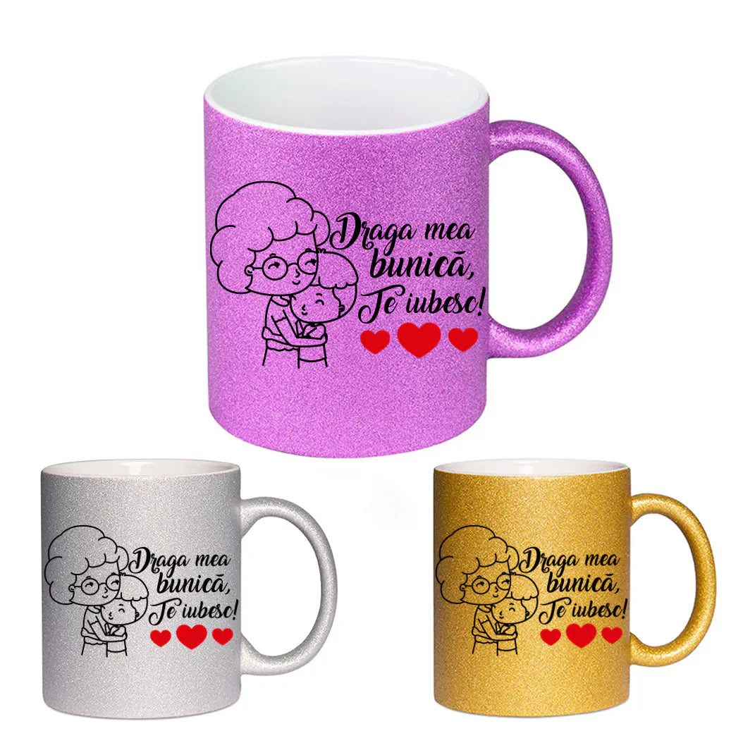 Cana GLITTER cu sclipici personalizata - Draga mea bunica te iubesc baiat, poza 1 din 7