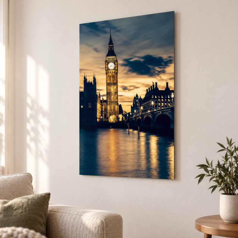 Tablou pe metal cu Big Ben, pe peretele unui living
