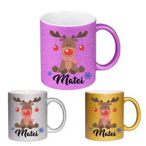 Cana GLITTER cu sclipici personalizata cu nume - Ren