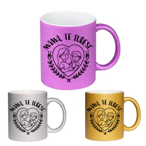 Cana GLITTER cu sclipici personalizata - Mama te iubesc