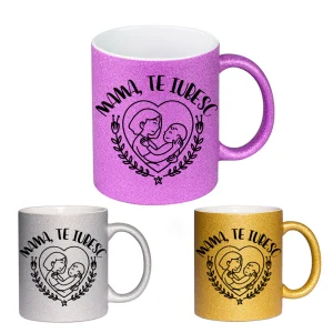 Cana GLITTER cu sclipici personalizata - Mama te iubesc